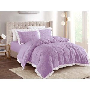 Lenjerie pat dublu,  FINET, cu Broderie si Volanase, 4 piese, cu Elastic, lila