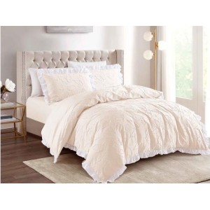 Lenjerie pat dublu,  FINET, cu Broderie si Volanase, 4 piese, cu Elastic, crem