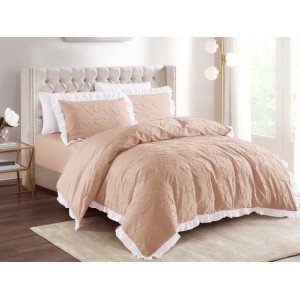 Lenjerie pat dublu,  FINET, cu Broderie si Volanase, 4 piese, cu Elastic, bej