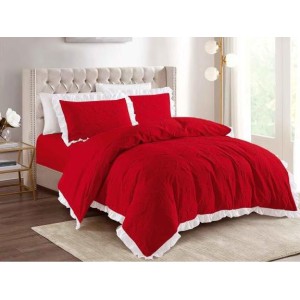 Lenjerie pat dublu,  FINET, cu Broderie si Volanase, 4 piese, cu Elastic, rosu