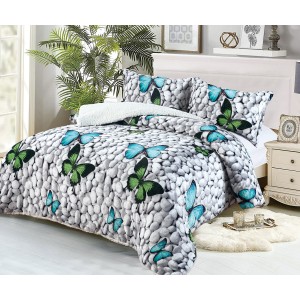 Pilotã Groasã CoCoLiNo, 200x230cm, cu Blãnita si 2 fete de pernã, 50x70cm, Gri-Multicolor, fluturi, pietre