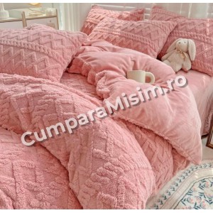 Lenjerie pentru pat dublu pufoasa CoCoLiNo, tip tricotaj, 4 piese, Roz