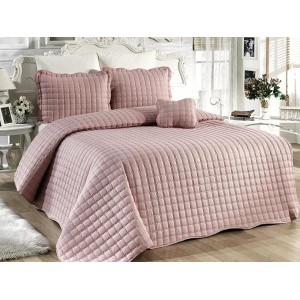 Cuvertura Brodata pat dublu cu 3 fete de perna, roz pudra cod CVS2