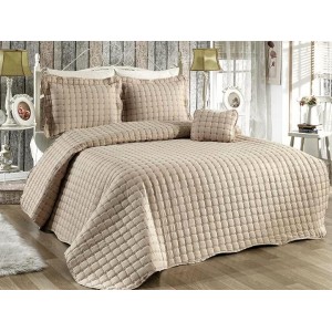 Cuvertura Brodata pat dublu cu 3 fete de perna, bej cod CVS4