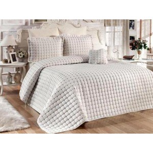 Cuvertura Brodata pat dublu cu 3 fete de perna, alb cu stelute crem