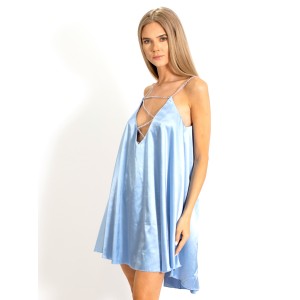 Rochie Bella, cu croi lejer tip clopot, decolteu in V si bretele din lant din Satin bleu