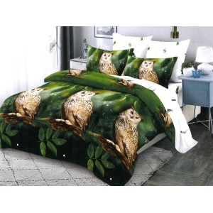 Lenjerie pat dublu,  FINET, cu elastic, 6 piese, Verde, bufnite