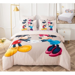 Lenjerie pat dublu,  FINET, 6 piese, IDENTICA CU POZA, Crem-Multicolor, Minnie&Mickey, inimioare
