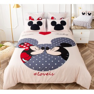 Lenjerie pat dublu,  FINET, 6 piese, IDENTICA CU POZA, Crem-Multicolor, Minnie&Mickey, inimioare, buline