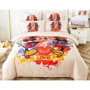 Lenjerie pat dublu,  FINET, 6 piese, IDENTICA CU POZA, Crem-Multicolor, Minnie&Mickey
