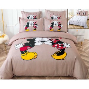 Lenjerie pat dublu,  FINET, 6 piese, IDENTICA CU POZA, Bej-Alb, Mickey&Minnie