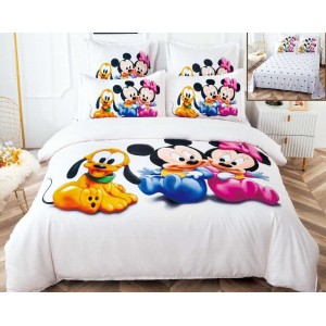 Lenjerie pat dublu,  FINET, 6 piese, IDENTICA CU POZA, Alb-Multicolor, Minnie&Mickey