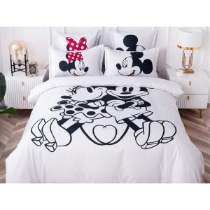 Lenjerie pat dublu,  FINET, 6 piese, IDENTICA CU POZA, Alb-Negru, Mickey&Minnie