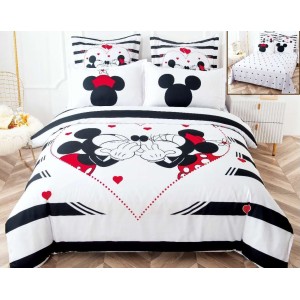 Lenjerie pat dublu,  FINET, 6 piese, IDENTICA CU POZA, Alb-Negru, inimioare, Mickey&Minnie