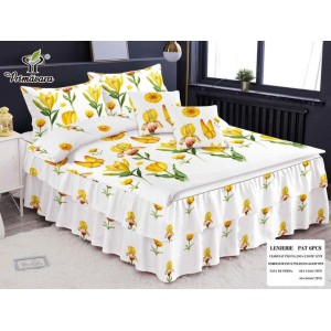 Lenjerie pat dublu,  FINET, 6 piese, cu VOLANASE, Alb-Galben, flori