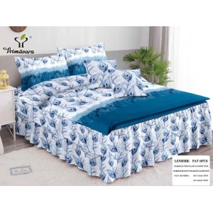 Lenjerie pat dublu,  FINET, 6 piese, cu VOLANASE, Alb-Bleu, pene de paun