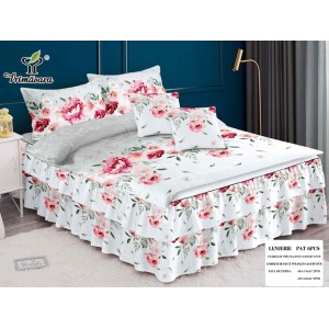 Lenjerie pat dublu,  FINET, 6 piese, cu VOLANASE, Gri-Multicolor, flori