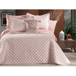 Cuvertura ARIA pentru pat dublu cu smocuri brodate si 3 fete de perna, Alb-Roz