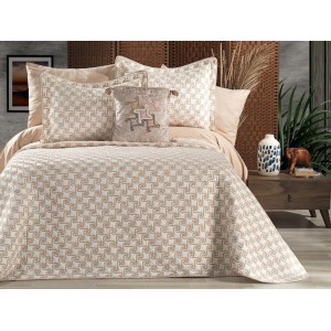 Cuvertura ARIA pentru pat dublu cu smocuri brodate si 3 fete de perna, Alb-Bej