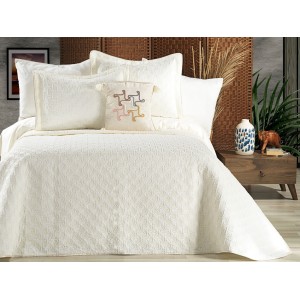 Cuvertura ARIA pentru pat dublu cu smocuri brodate si 3 fete de perna, Alb