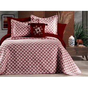 Cuvertura ARIA pentru pat dublu cu smocuri brodate si 3 fete de perna, Alb-Visiniu