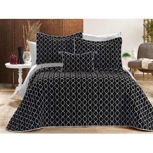 Set LUXURY 4 piese, Cuvertura Brodata Catifea, 2 fete de perna si o pernuta decor, BRILLANT Negru-Gri