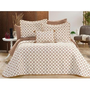 Set LUXURY 4 piese, Cuvertura Brodata Catifea, 2 fete de perna si o pernuta decor, BRILLANT Crem-Maro