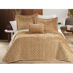 Set LUXURY 4 piese, Cuvertura Brodata Catifea, 2 fete de perna si o pernuta decor, BRILLANT Bej-Alb