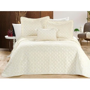 Set LUXURY 4 piese, Cuvertura Brodata Catifea, 2 fete de perna si o pernuta decor, BRILLANT Crem