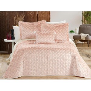 Set LUXURY 4 piese, Cuvertura Brodata Catifea, 2 fete de perna si o pernuta decor, BRILLANT Roz