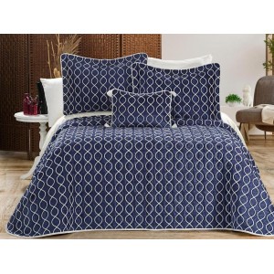 Set LUXURY 4 piese, Cuvertura Brodata Catifea, 2 fete de perna si o pernuta decor, BRILLANT Albastru