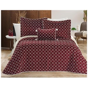 Set LUXURY 4 piese, Cuvertura Brodata Catifea, 2 fete de perna si o pernuta decor, BRILLANT Bordo
