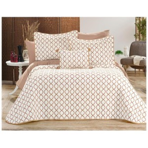 Set LUXURY 4 piese, Cuvertura Brodata Catifea, 2 fete de perna si o pernuta decor, BRILLANT Crem-Bej