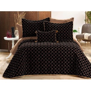 Set LUXURY 4 piese, Cuvertura Brodata Catifea, 2 fete de perna si o pernuta decor, BRILLANT Negru-Maro
