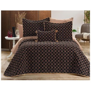 Set LUXURY 4 piese, Cuvertura Brodata Catifea, 2 fete de perna si o pernuta decor, BRILLANT Maro