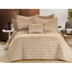 Set LUXURY 4 piese, Cuvertura Brodata Catifea, 2 fete de perna si o pernuta decor, BRILLANT Bej-Maro