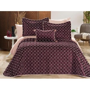Set LUXURY 4 piese, Cuvertura Brodata Catifea, 2 fete de perna si o pernuta decor, BRILLANT Mov