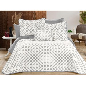 Set LUXURY 4 piese, Cuvertura Brodata Catifea, 2 fete de perna si o pernuta decor, BRILLANT Crem-Gri