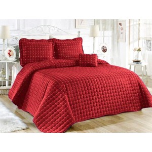 Cuvertura Brodata pat dublu cu 3 fete de perna, rosu