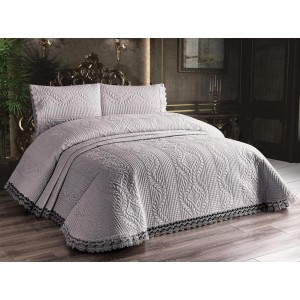 Cuvertura Brodata cu dantela pentru pat dublu si 2 fete de perna, SWEET Gri