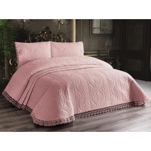 Cuvertura Brodata cu dantela pentru pat dublu si 2 fete de perna, SWEET Pudra