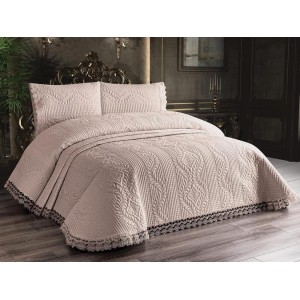 Cuvertura Brodata cu dantela pentru pat dublu si 2 fete de perna, SWEET Bej