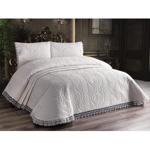 Cuvertura Brodata cu dantela pentru pat dublu si 2 fete de perna, SWEET Alb Unt