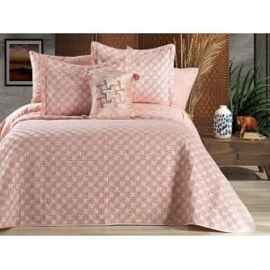 Cuvertura ARIA pentru pat dublu cu smocuri brodate si 3 fete de perna, Roz