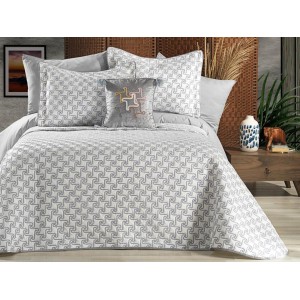 Cuvertura ARIA pentru pat dublu cu smocuri brodate si 3 fete de perna, Alb-Gri