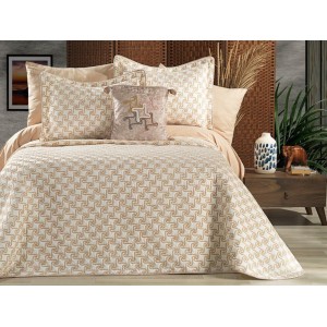 Cuvertura ARIA pentru pat dublu cu smocuri brodate si 3 fete de perna, Alb-Auriu