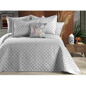 Cuvertura ARIA pentru pat dublu cu smocuri brodate si 3 fete de perna, Gri