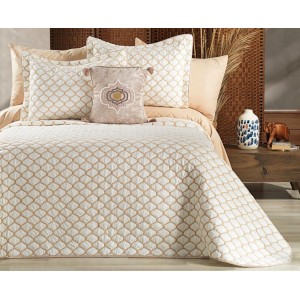 Cuvertura MELODIE pentru pat dublu cu smocuri brodate si 3 fete de perna, Alb-Auriu