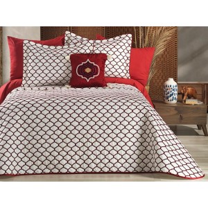 Cuvertura MELODIE pentru pat dublu cu smocuri brodate si 3 fete de perna, Alb-Rosu