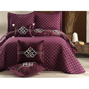 Set LUXURY DIVA 6 piese Cuvertura satinata cu broderie din catifea si 5 fete de perna, Mov